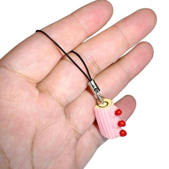 Handmade Kawaii Strawberry Roll Cake Keychain Charm - Picture 1 of 2